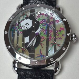 Panda Bear Watch with Black Leather Band
